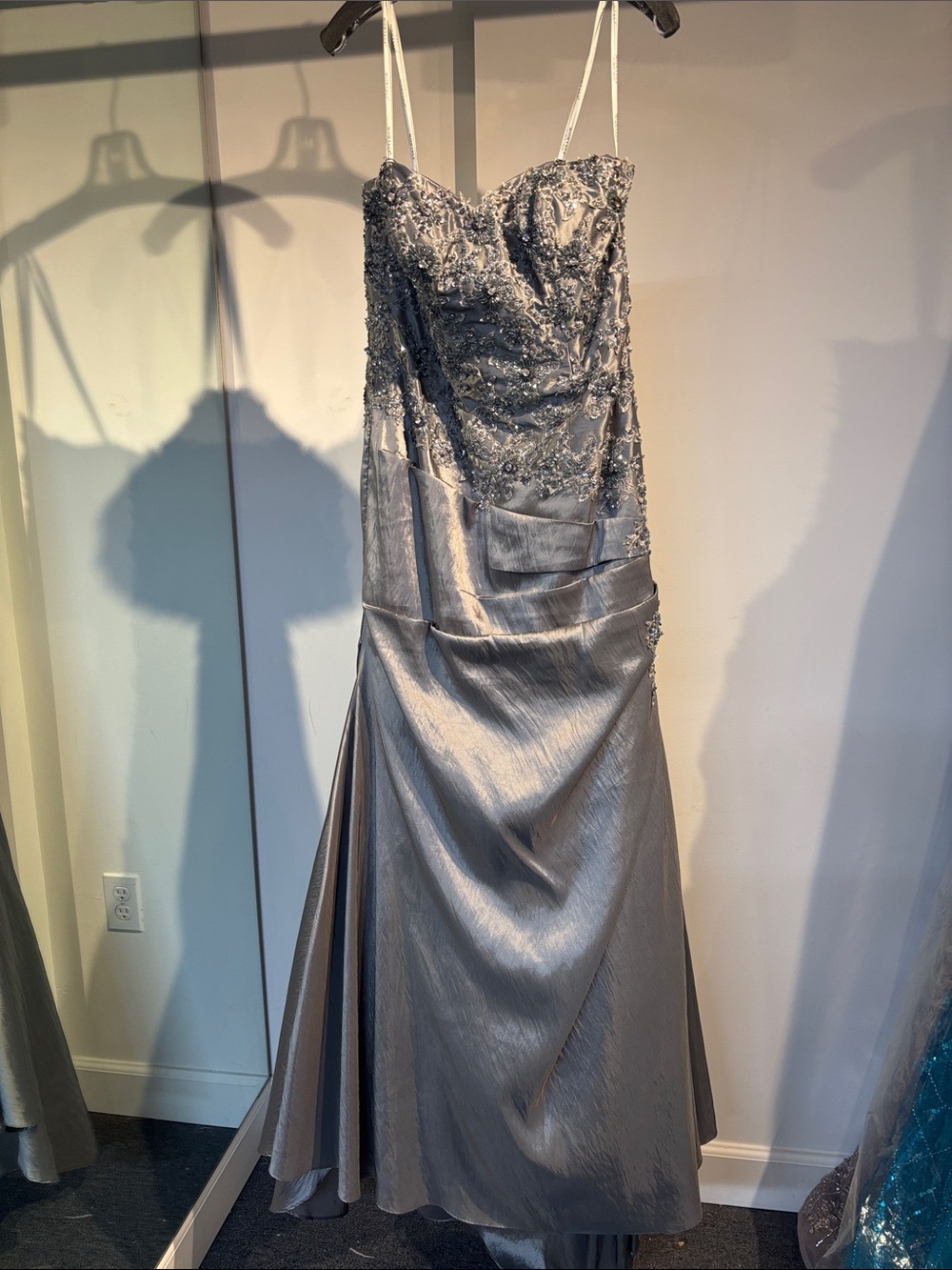 Mon Cheri Silver Strapless Beaded Evening Gown